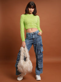 Tokyo Talkies Green Self Design Acrylic Crop Pullover