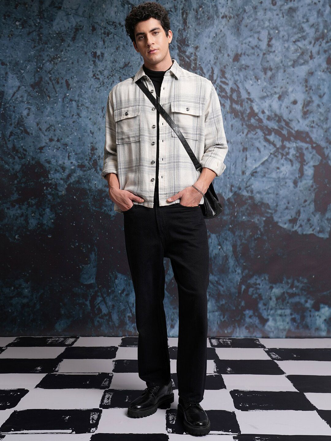 Locomotive Men Cream Grindle Mock Lino Dobby Textured Checked Utility Pocket Overshirt
