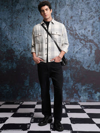 Locomotive Men Cream Grindle Mock Lino Dobby Textured Checked Utility Pocket Overshirt