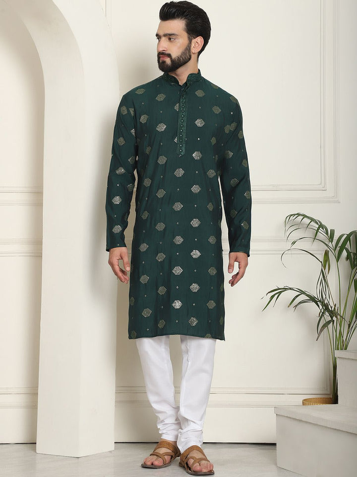 SOJANYA Kurta Lurus Sutera Kapas Sulam Geometrik Dengan Churidar