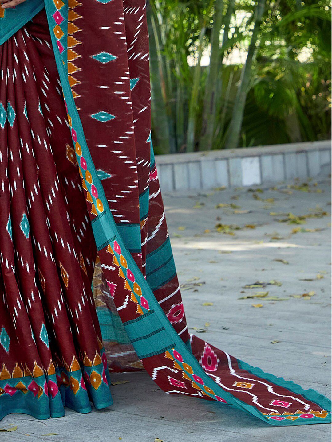 Saree mall Brown Ethnic Motifs Poly Cotton Ikat Sarees