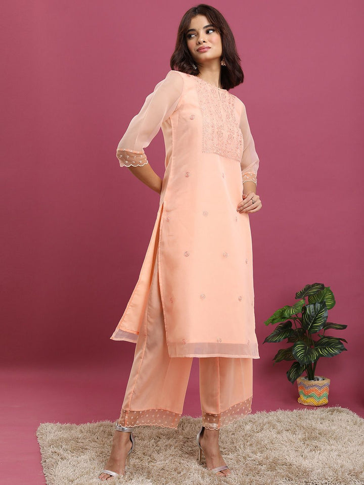 Vishudh Peach-Coloured Ethnic Motifs Yoke Design Thread Work Kurta With Palazzos & Dupatta