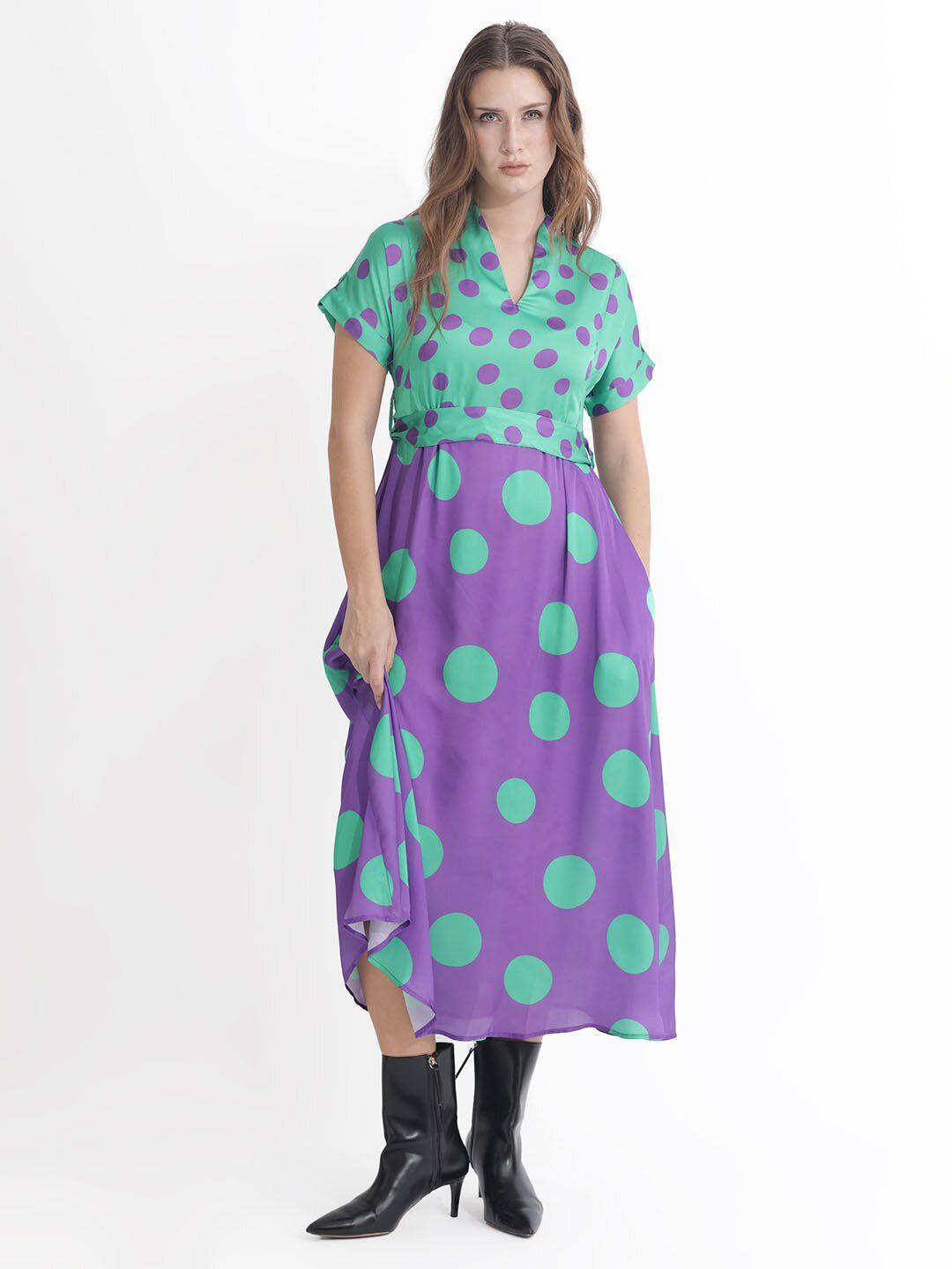 RAREISM Polka Dots Printed Belted A-line Dress