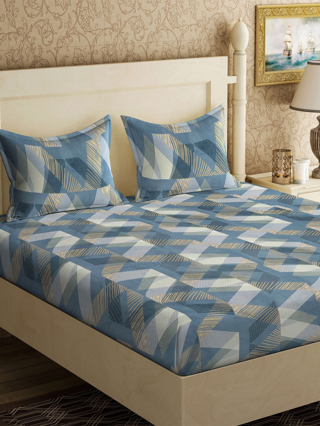 KLOTTHE Turquoise Blue Printed 300 TC Dilengkapi Cadar King Double Dengan 2 Sarung Bantal