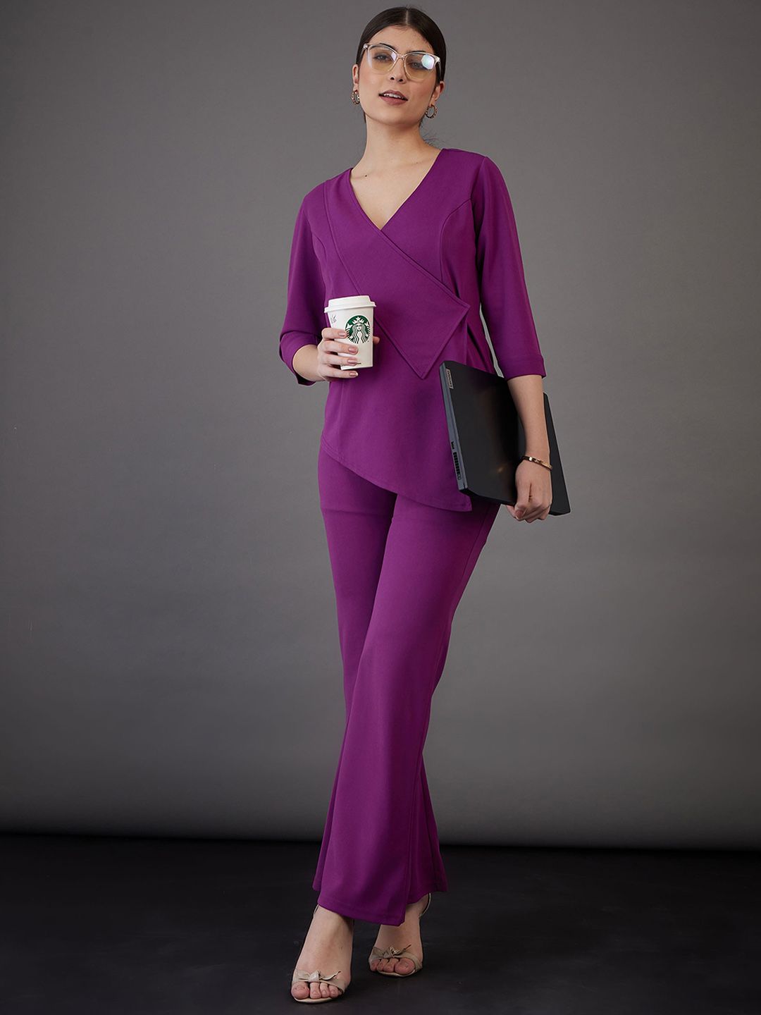 SASSAFRAS worklyf Asymmetric Wrap Top With Bell Bottom Trousers