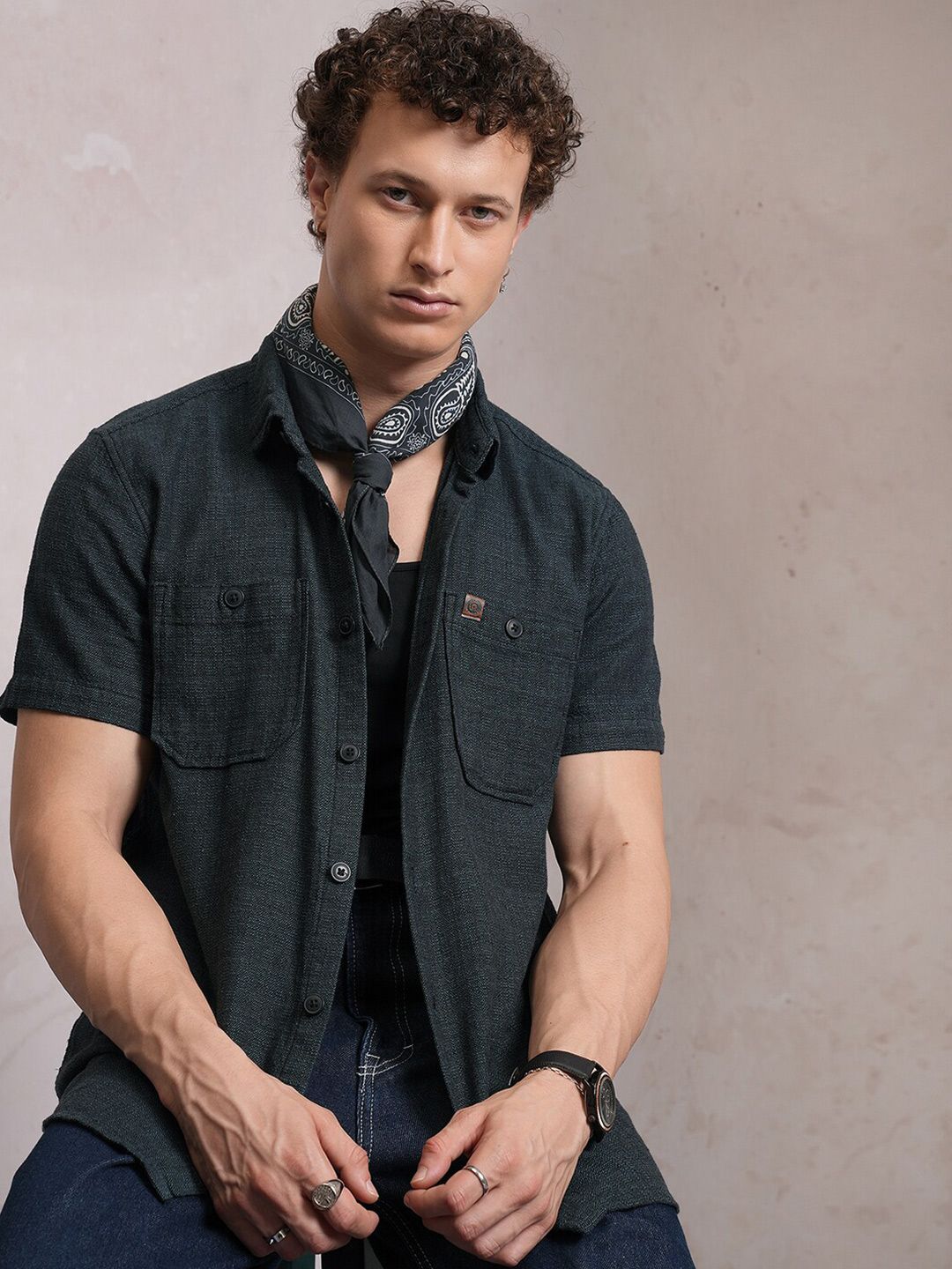LOCOMOTIVE Premium Dobby Textured Checked Utility Cotton Pocket Regular Shirt