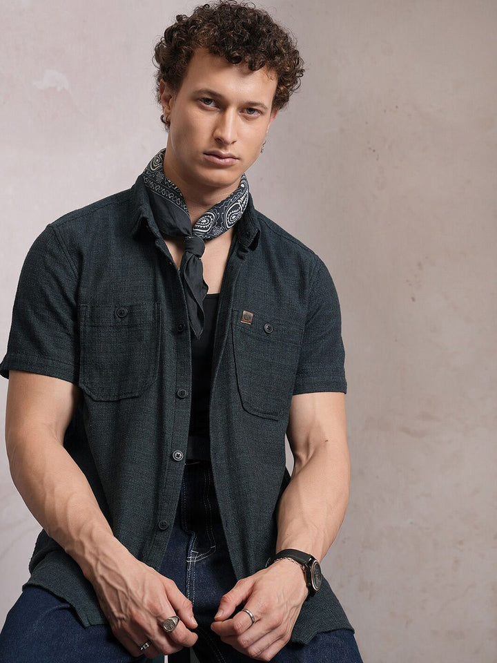 LOCOMOTIVE Premium Dobby Textured Checked Utility Cotton Pocket Regular Shirt