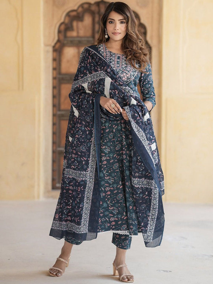 KALINI Floral Embroidered Thread Work Pure Cotton Anarkali Kurta With Trousers & Dupatta