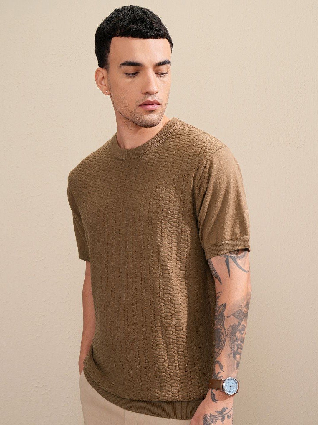 HIGHLANDER Men Knitted Self Design Relaxed Fit Tshirt
