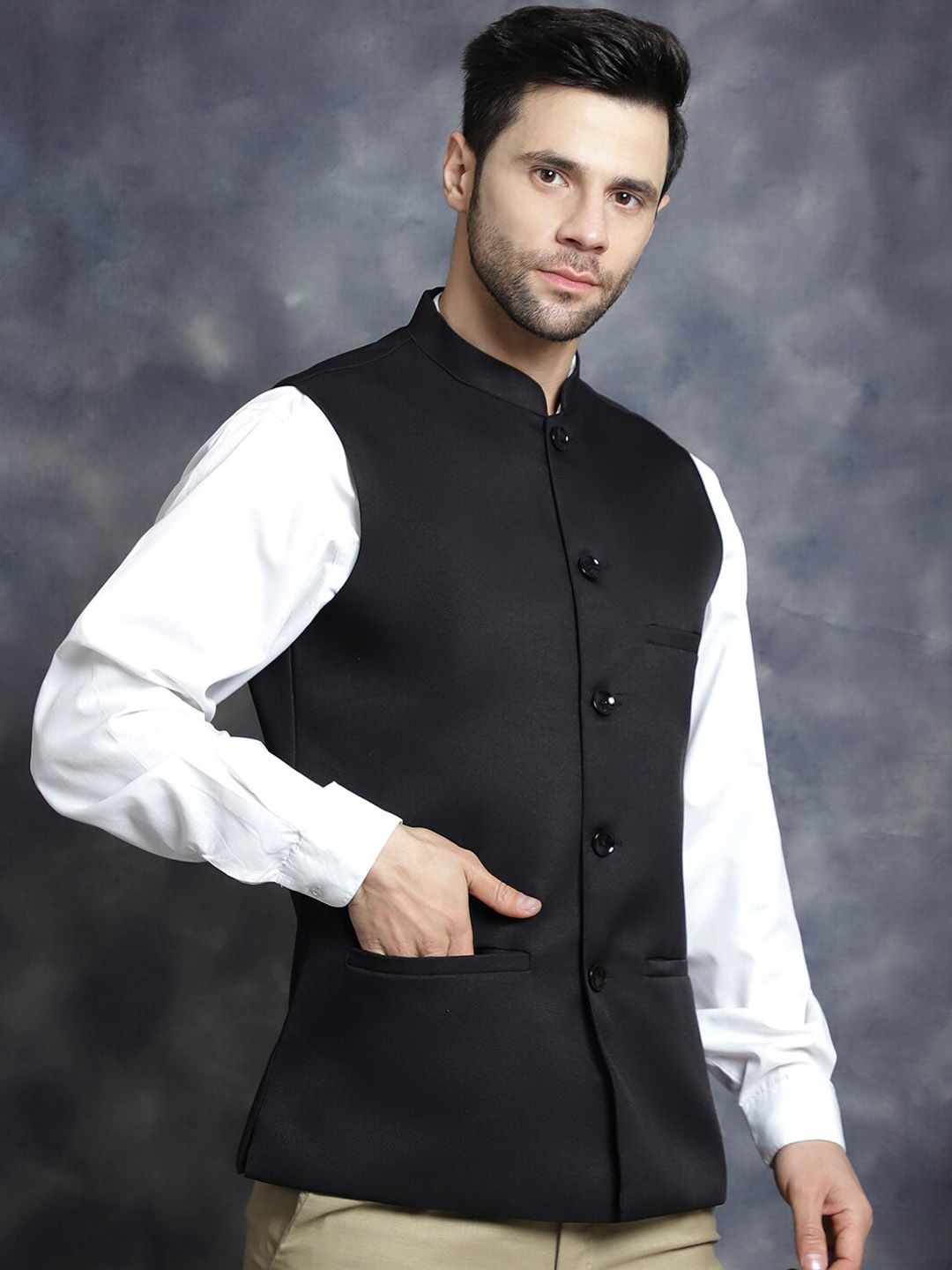 Anouk Black Mandarin Collar Woven Nehru Jacket