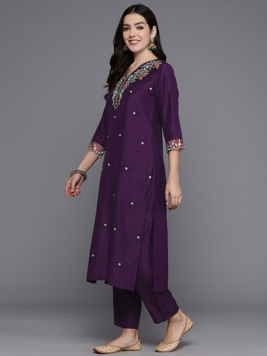 Indo Era Women Floral Yoke Design Regular Thread Work Kurta with Trousers & Dupatta