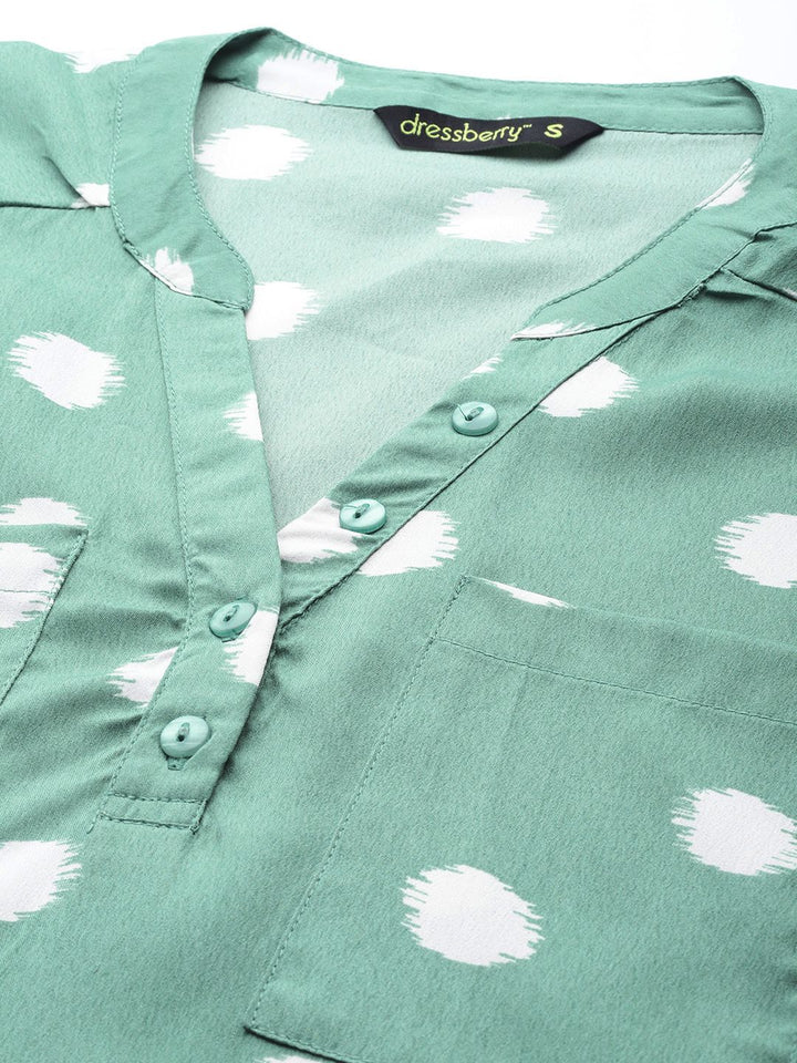 DressBerry Women Green & Off White Printed Boxy Top
