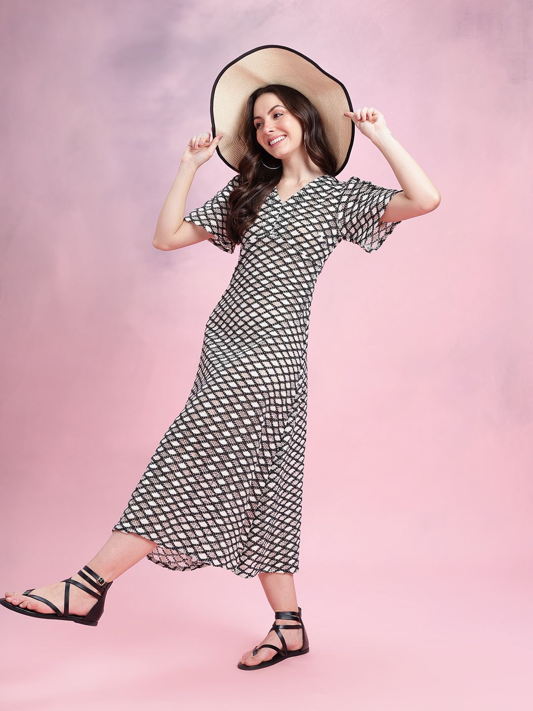 DressBerry Flared Sleeve Crochet A-Line Midi Dress