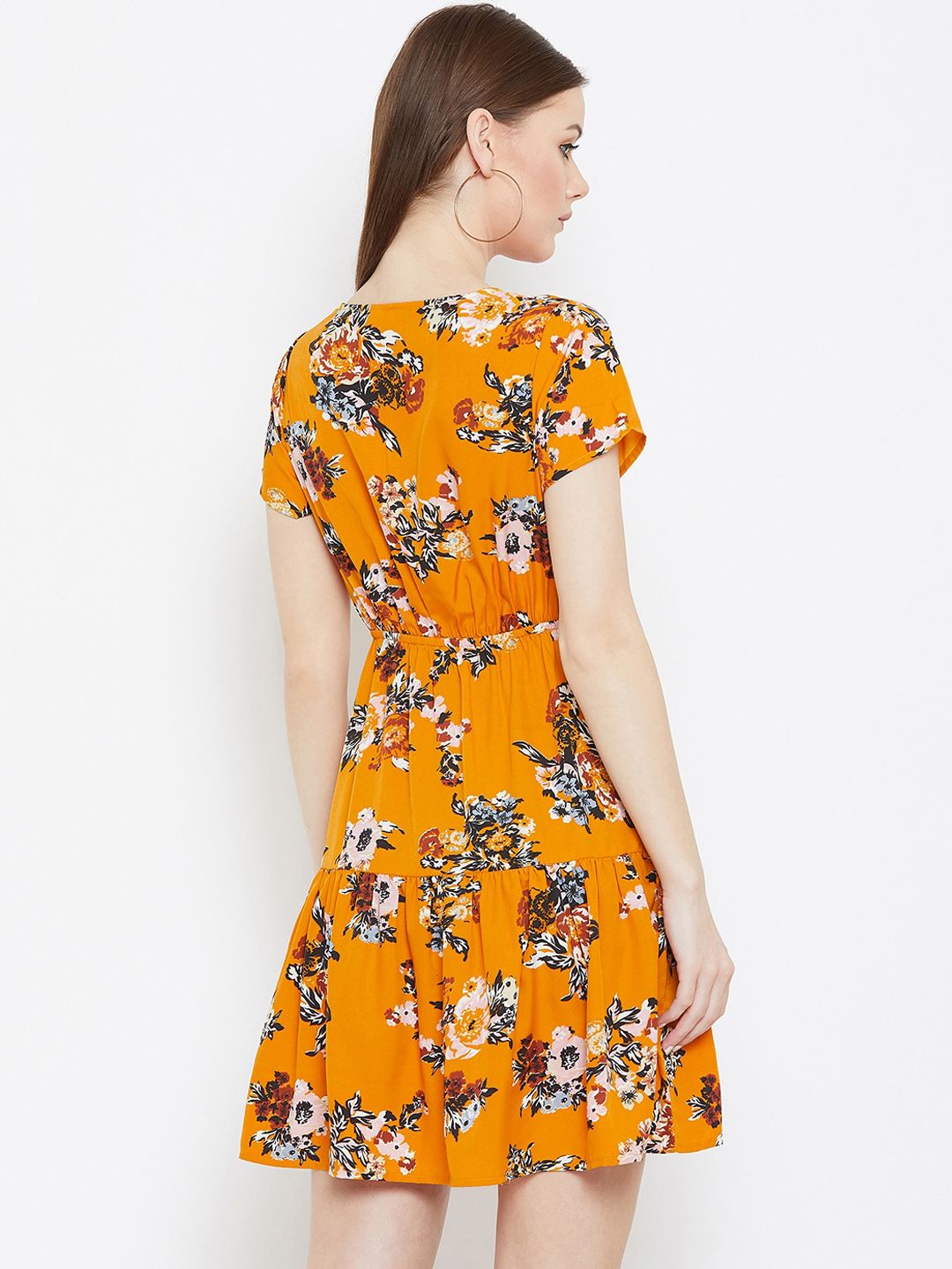 Berrylush Women Mustard Orange Floral Printed Empire Dress