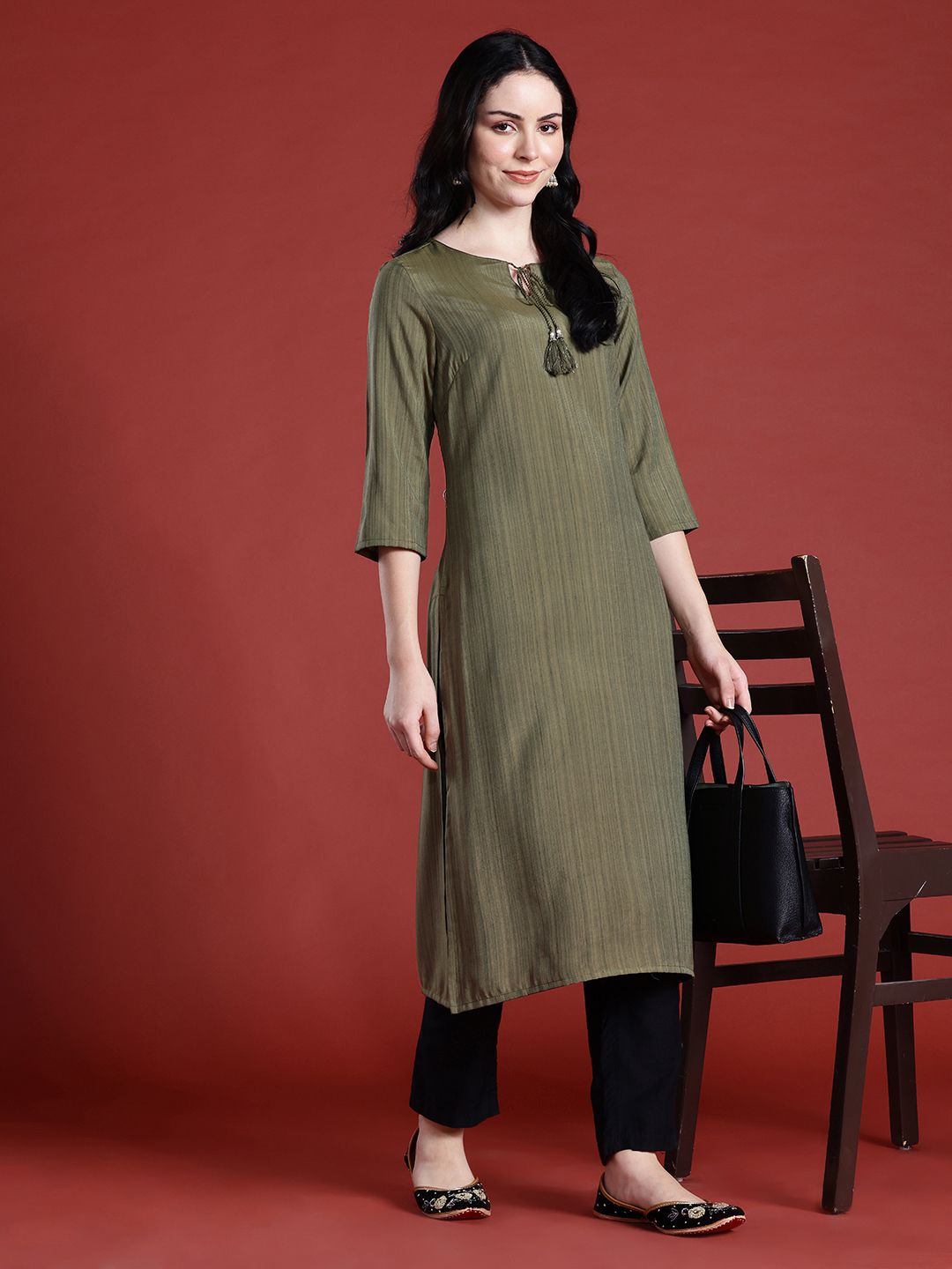 Anouk Tie-Up Neck Striped Kurta