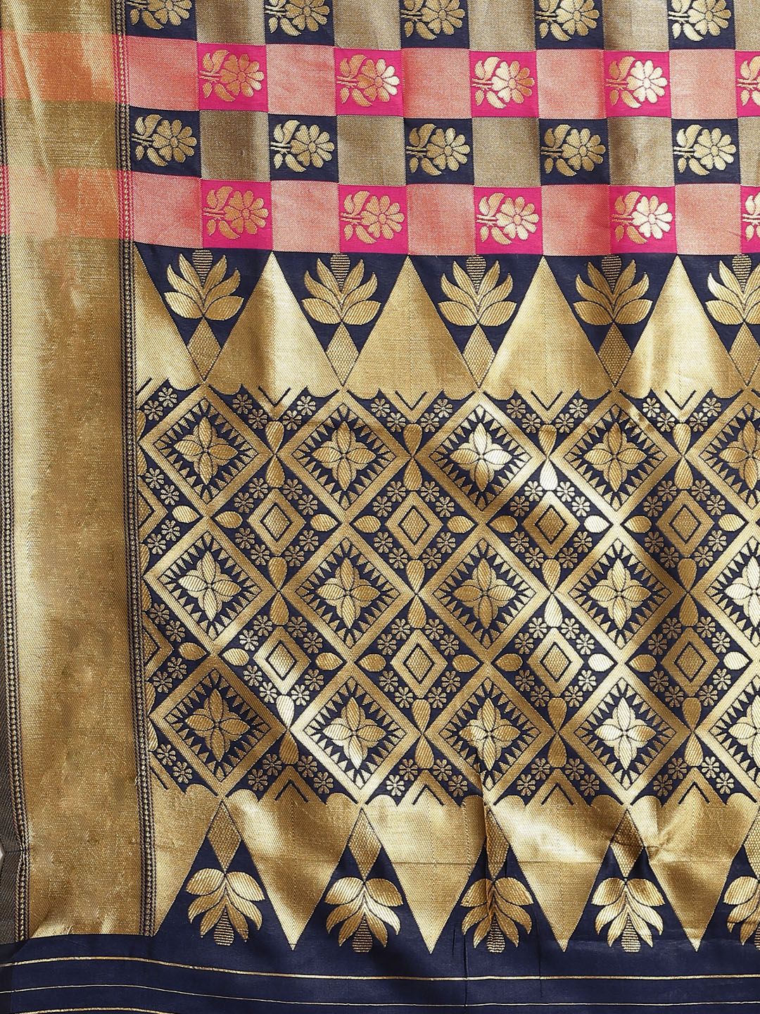 Saree mall Navy Blue & Pink Checked Banarasi Saree