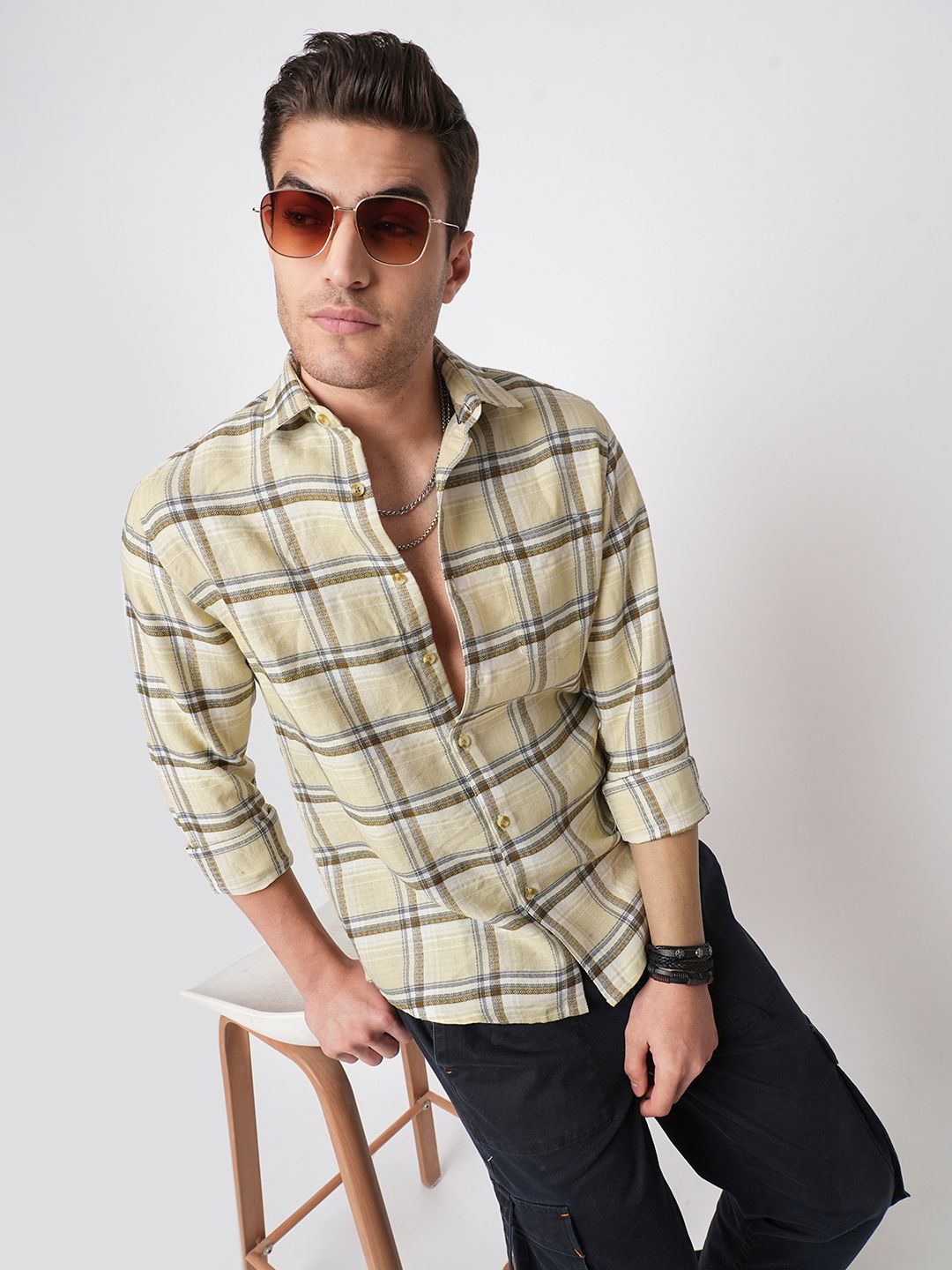 VASTRADO Men Classic Slim Fit Opaque Checked Pure Cotton Casual Shirt