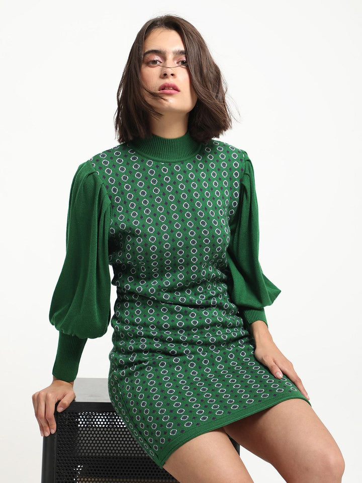 RAREISM Geometric Self Design Acrylic High Neck Sheath Winter Dresses