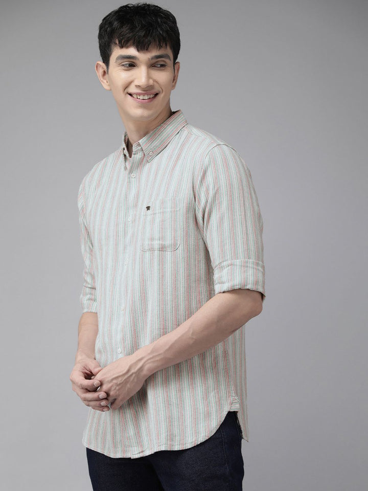 THE BEAR HOUSE Men Grey & Pink Slim Fit Striped Casual Shirt