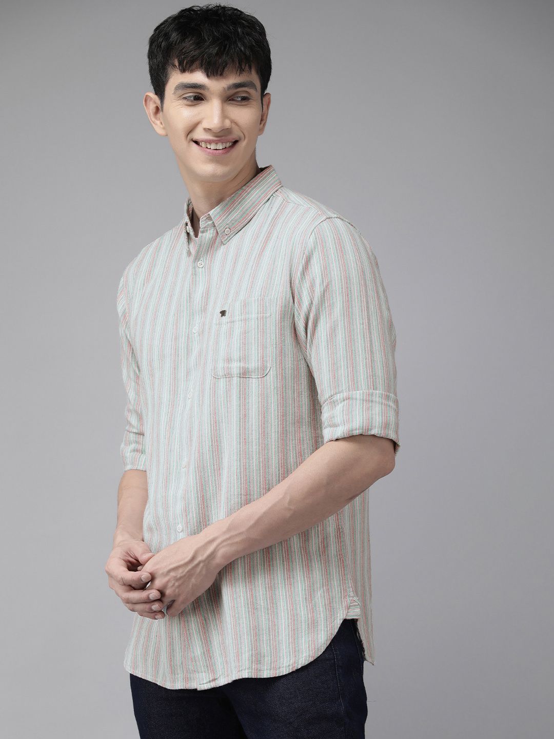 THE BEAR HOUSE Men Grey & Pink Slim Fit Striped Casual Shirt