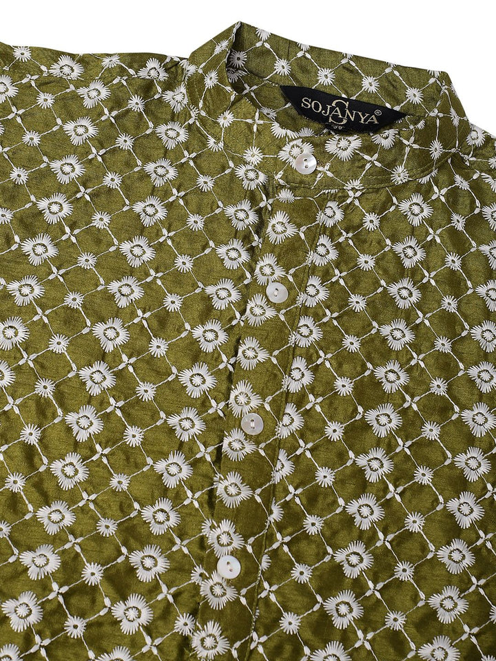 SOJANYA Men Green & White Ethnic Motifs Embroidered Kurta