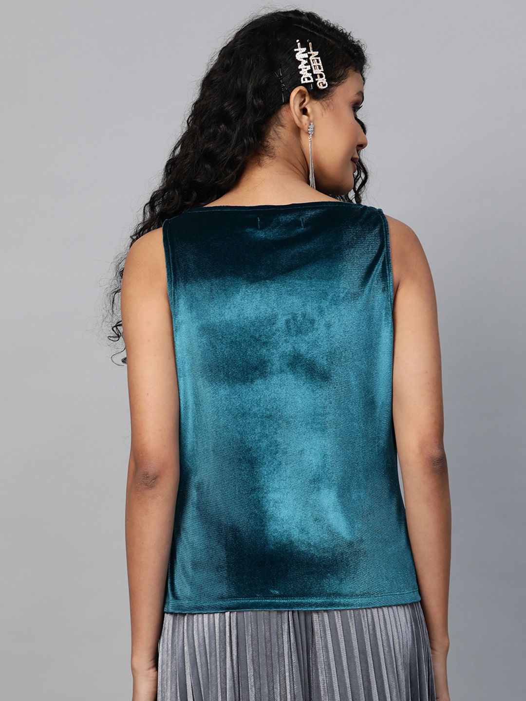 SASSAFRAS Teal Blue Velvet Finish Cowl Neck Top