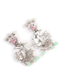 PANASH Silver-Plated Stones Studded And Beaded Contemporary Shaped Oxidized Drop Earrings