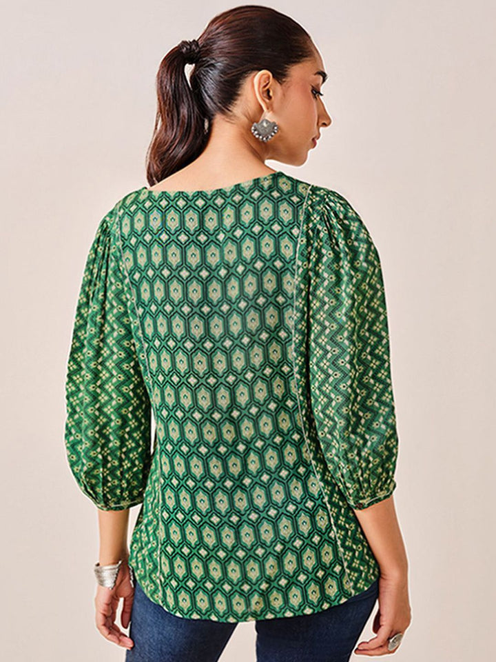 Global Desi Women Ethnic Motifs Print Mandarin Collar Puff Sleeve High-Low Top