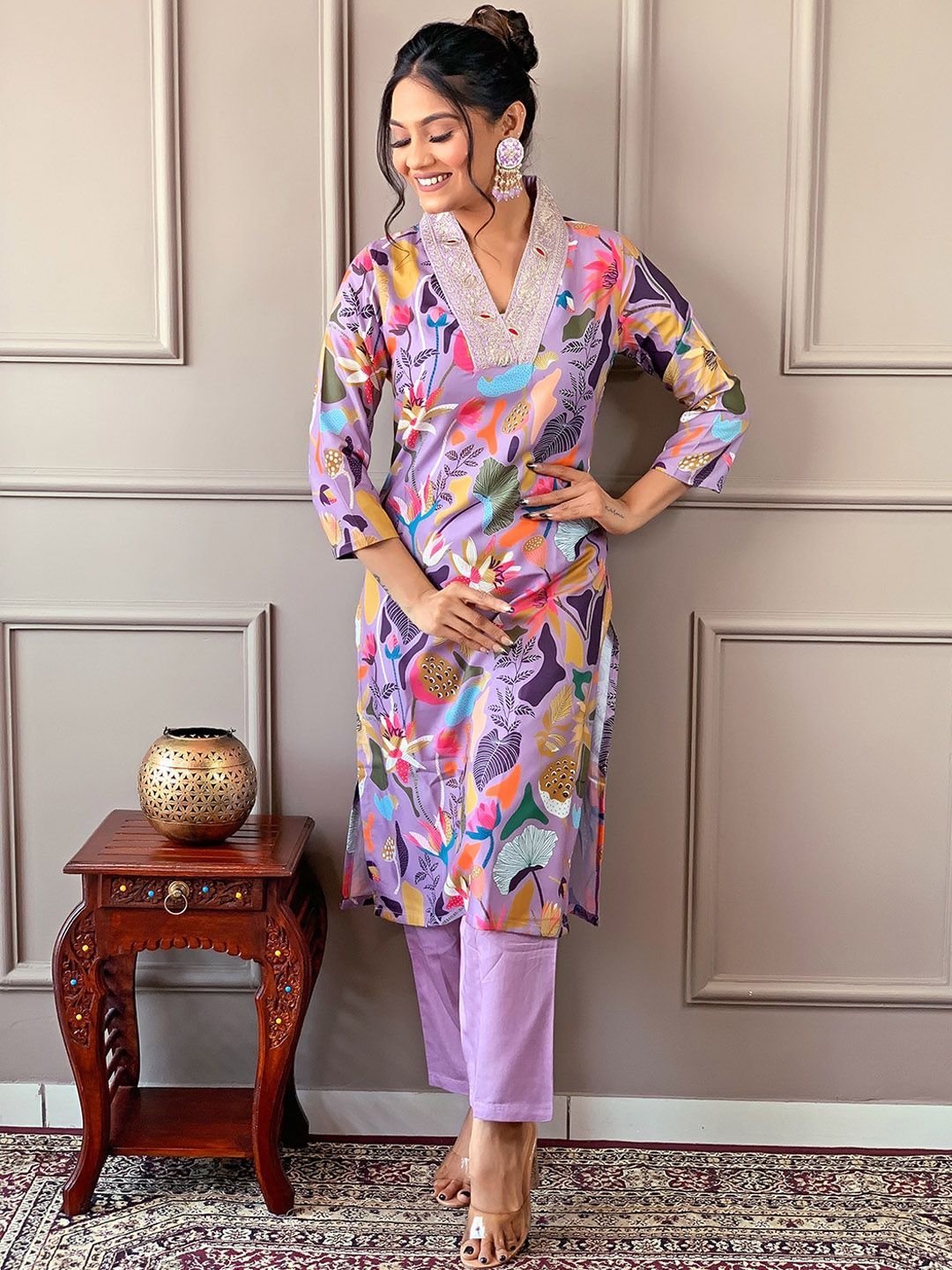 KALINI Floral Embroidered V-Neck Three-Quarter Sleeves Thread Work Kurta Set