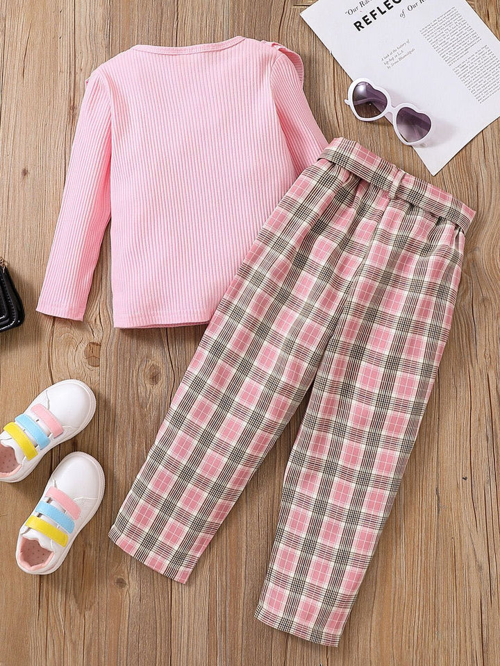 YK Girls Long Sleeves Top With Checked Trousers Clothing Set