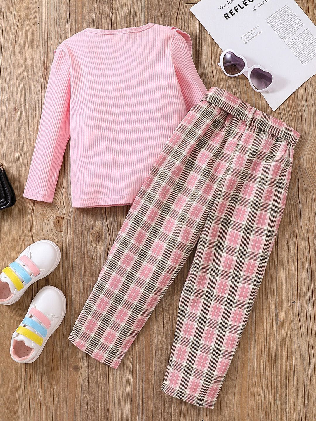 YK Girls Long Sleeves Top With Checked Trousers Clothing Set