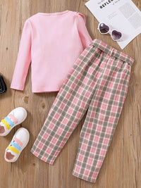 YK Girls Long Sleeves Top With Checked Trousers Clothing Set