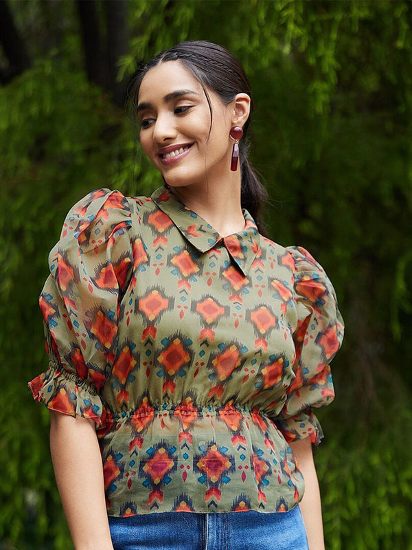 Athena Green & Rust Geometric Print Peplum Top