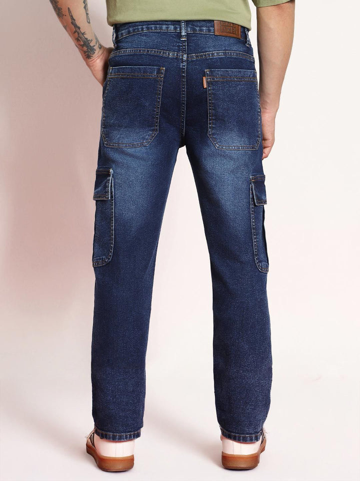 Urbano Fashion Men Dark Blue Regular Fit Washed Cargo Jeans With 6 Pockets Stretchable