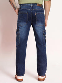 Urbano Fashion Men Dark Blue Regular Fit Washed Cargo Jeans With 6 Pockets Stretchable
