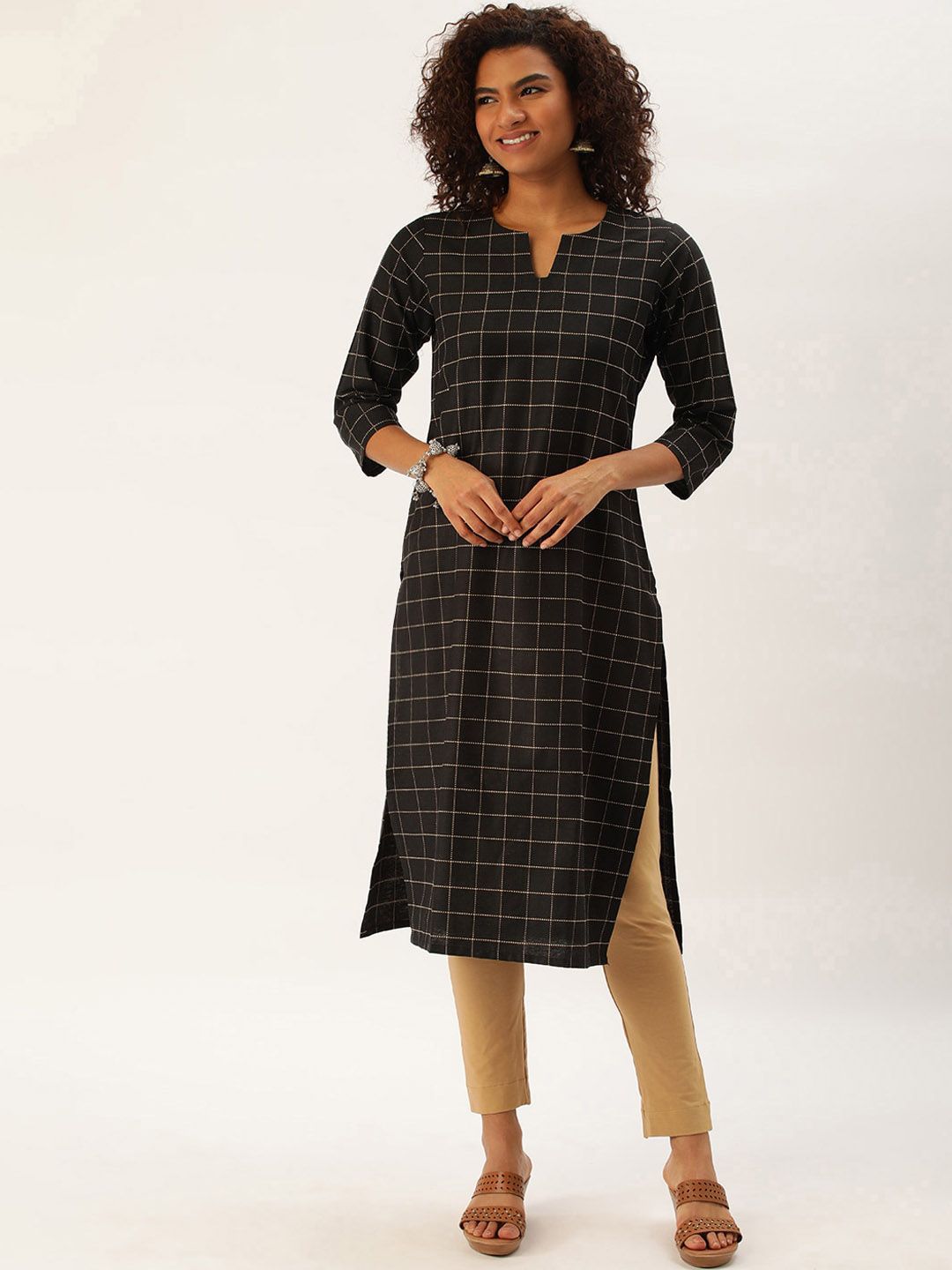 KALINI Women Checked Keyhole Neck Thread Work Kurta