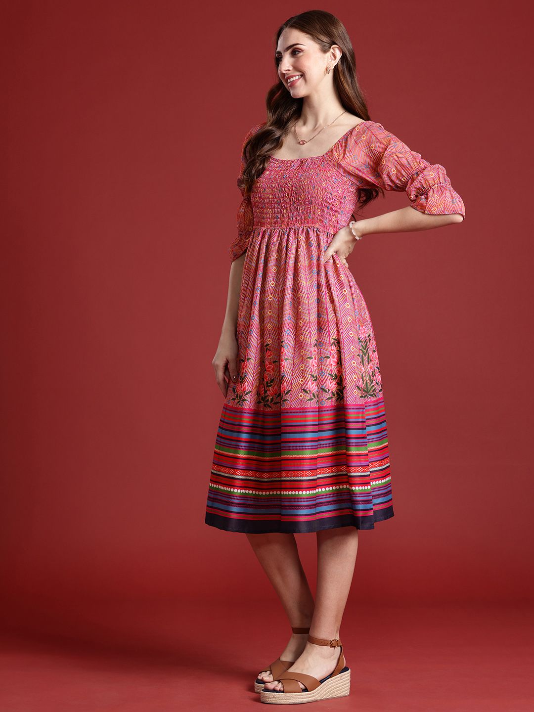 Anouk Floral Printed Fit & Flared Smocked Ethnic Dress