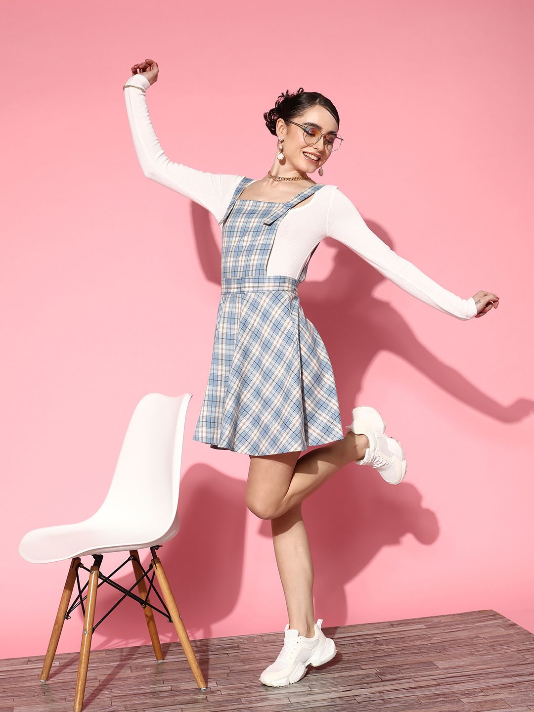 Berrylush Blue & White Checked Crepe Pinafore Mini Dress