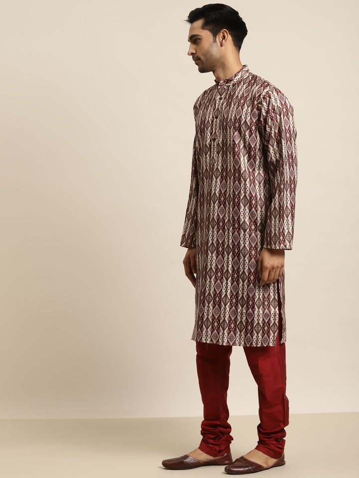SOJANYA Men Maroon & Brown Pure Cotton Geometric Printed Kurta