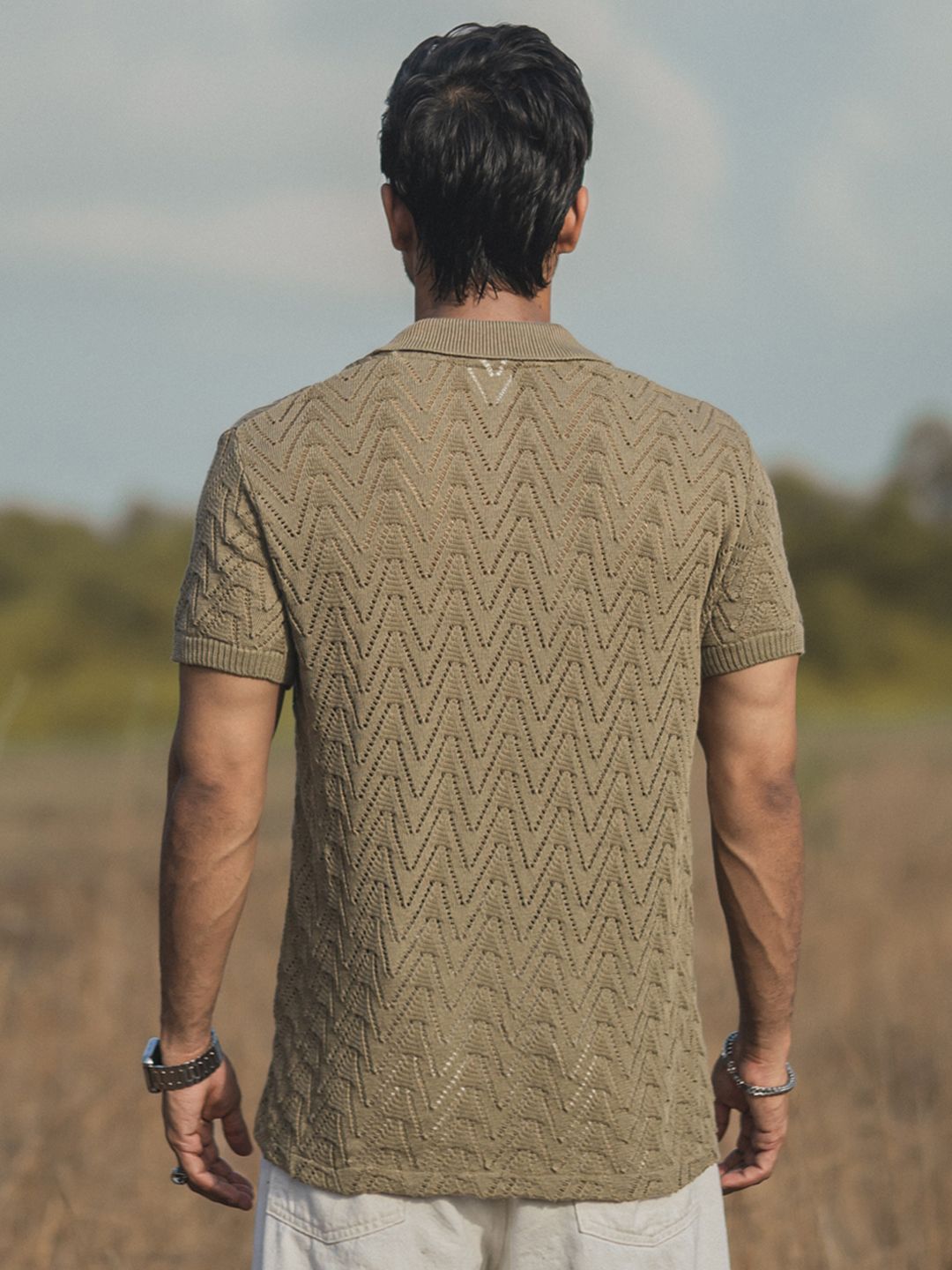 Powerlook Beige India Slim Geometric Self Design Spread Collar Casual Shirt