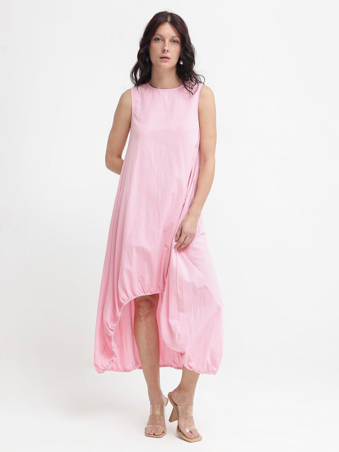 Rareism Wanita Putaran Maxi Kapas Pink Leher Pink