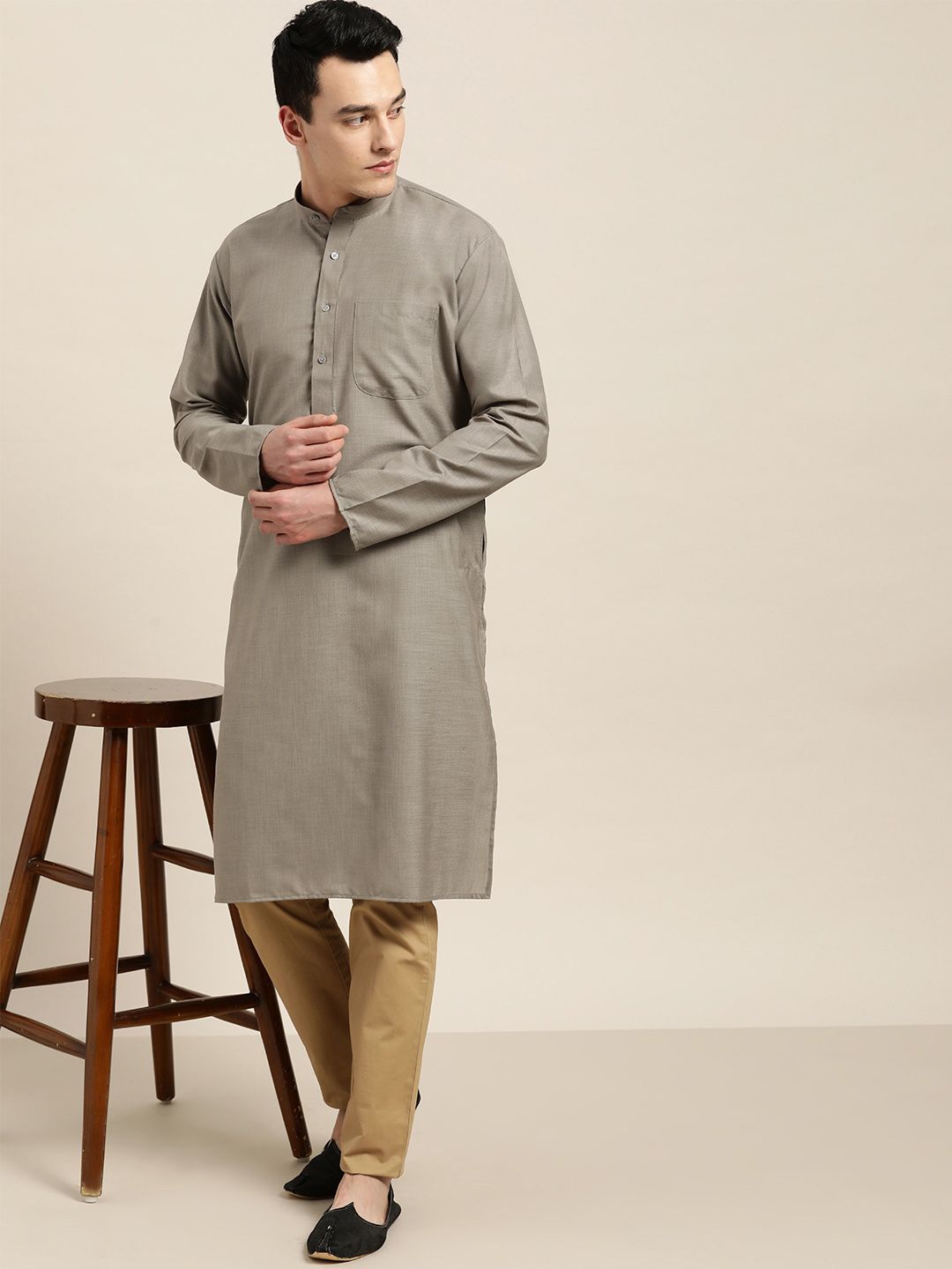 SOJANYA Lelaki Grey Solid Kurta Lurus