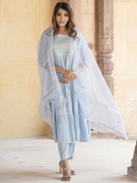 Kalini Geometric Yoke Design Mirror Work Cotton Pure Anarkali Kurta Trousers & Dupatta