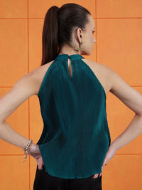 STREET 9 Green High Neck Accordion Pleats A-Line Top