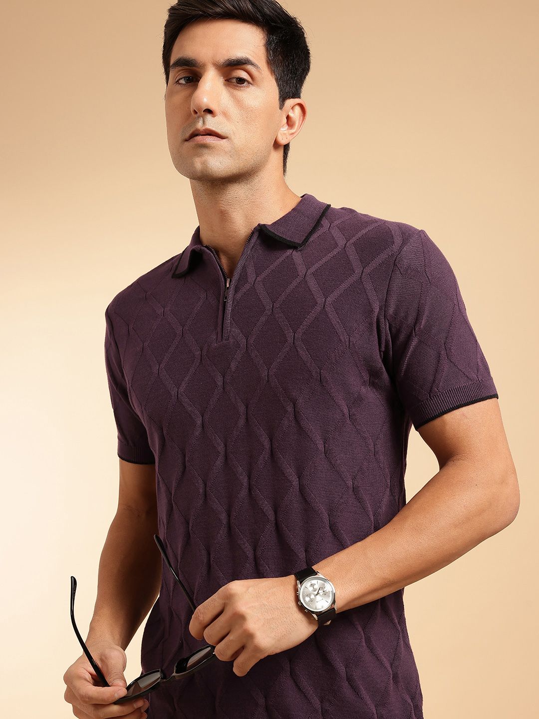 French Connection Pure Cotton Self Geometric Polo Collar Knit T-shirt