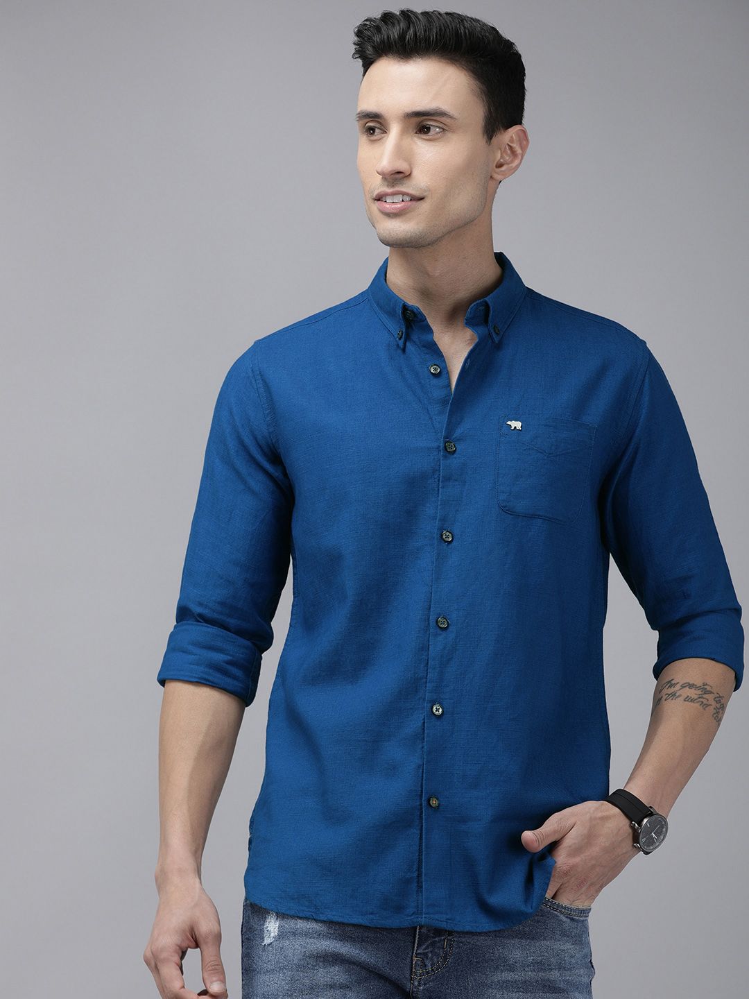 THE BEAR HOUSE Men Blue Solid Cotton Slim Fit Casual Shirt