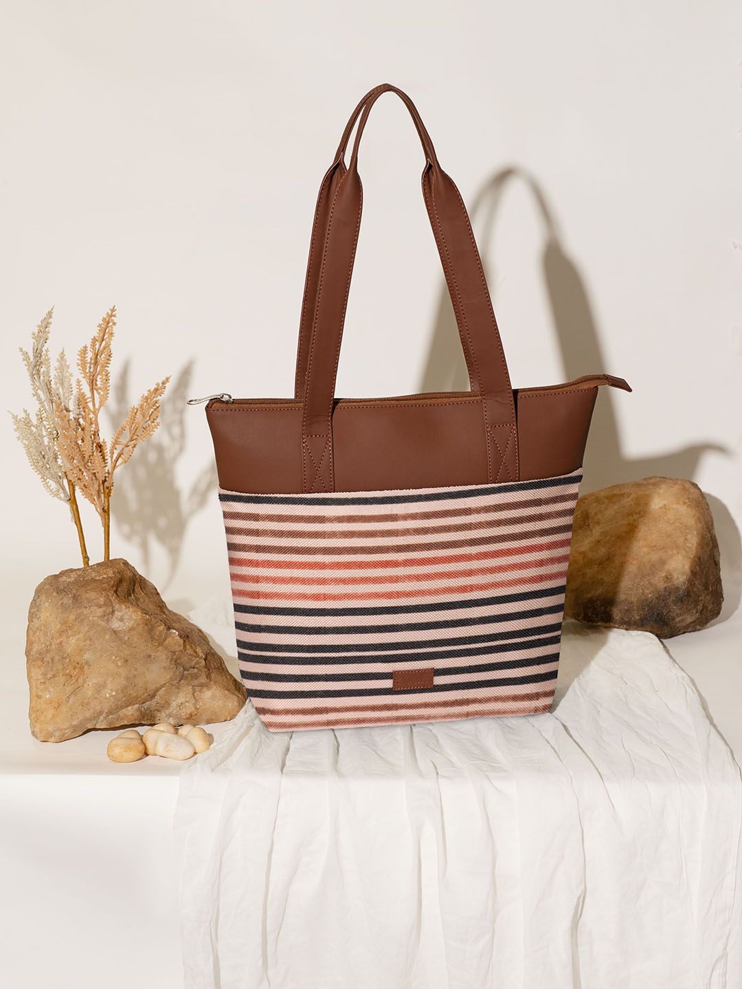 ZOUK Striped Shopper Jute Tote Bag