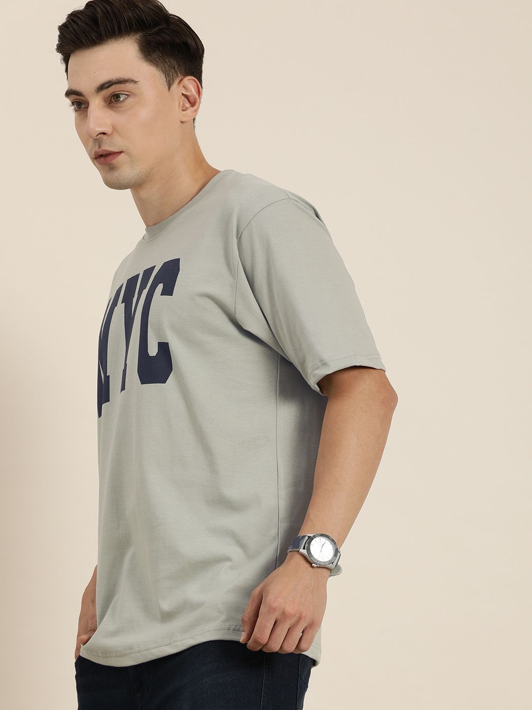 DILLINGER Men Grey & Navy Blue Typography Print Pure Cotton Loose T-shirt