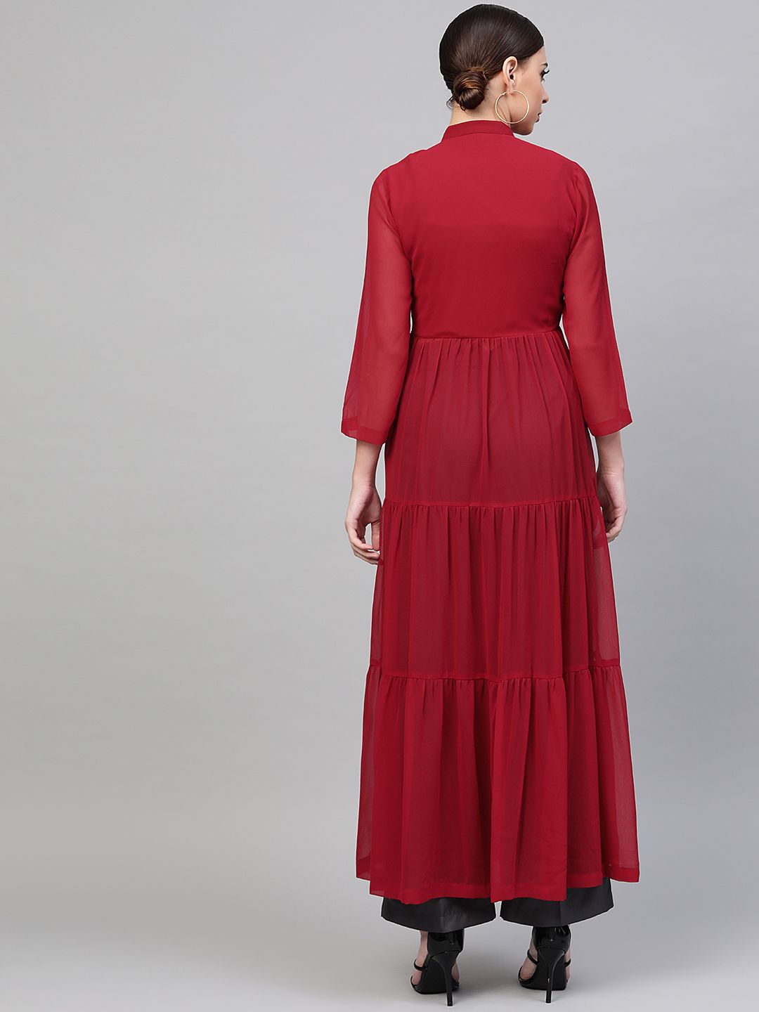 SASSAFRAS Maroon Semi-Sheer Tiered Maxi Top