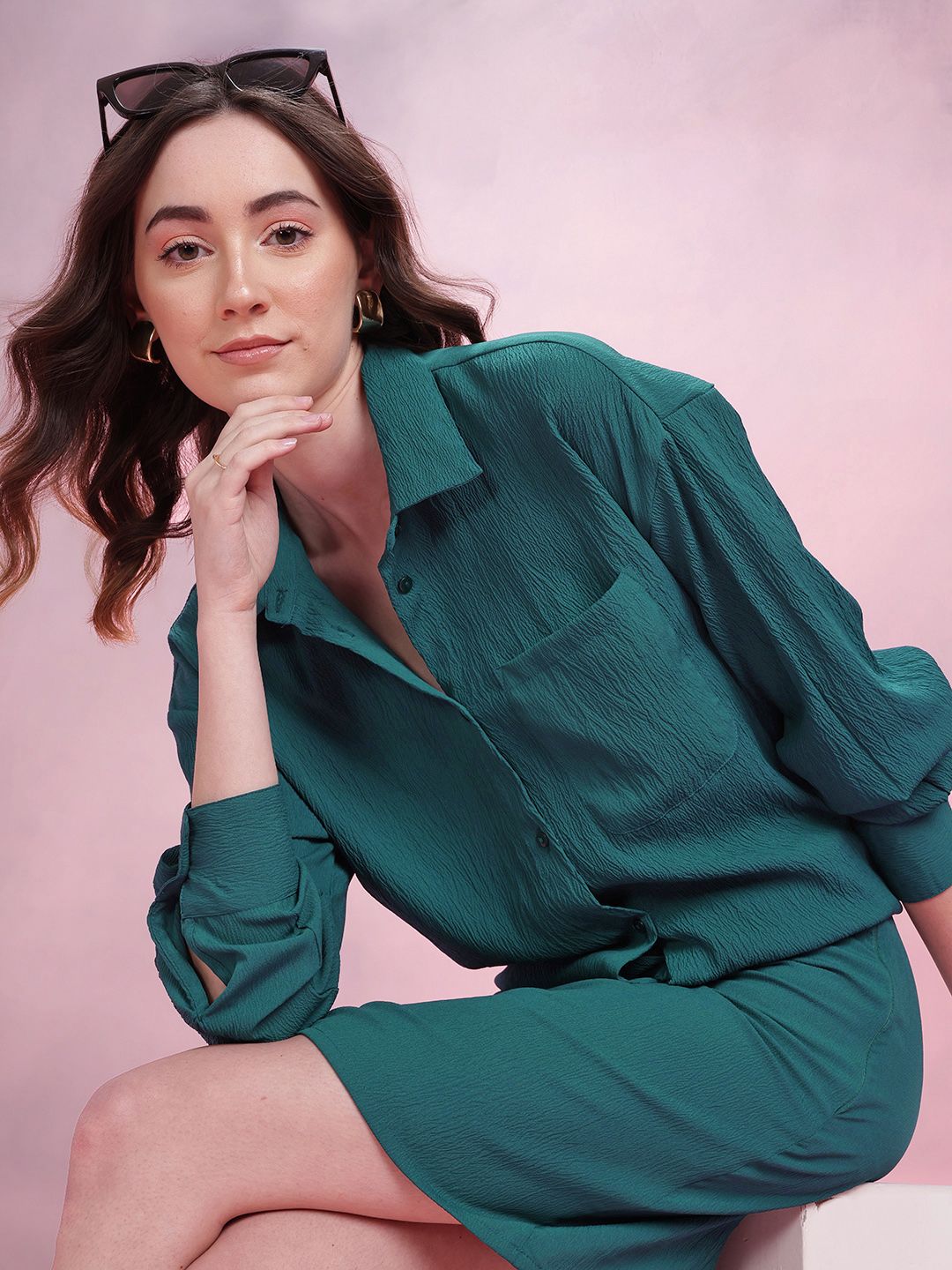 DressBerry Relaxed Fit Crinkled Shirt with Skirt Co-Ord Set